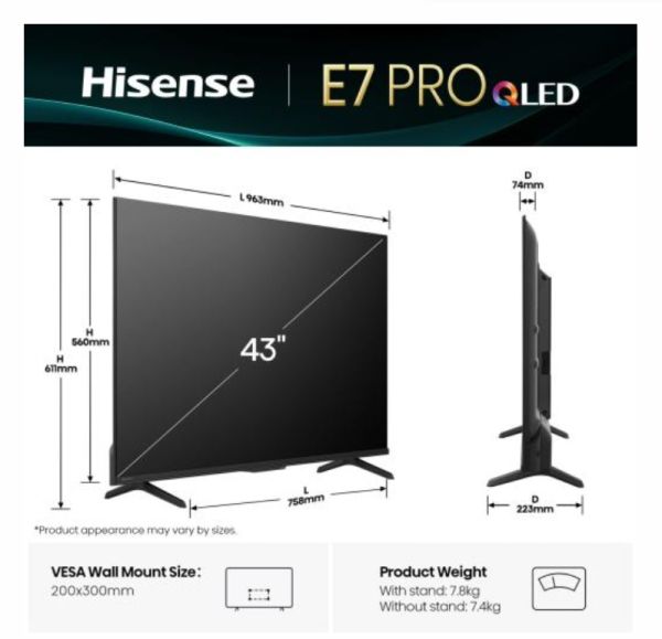 Телевизор Hisense 43" E7Q Pro, 4K Ultra HD 3840x2160, QLED, Quantum Dot, 144Hz, HDR 10+ adaptive, HLG, Dolby Vision, DTS Virtual X, Smart TV, WiFi 5GHz, WiFi Direct, BT, Anyview Cast, 3xHDMI, 2xUSB, LAN, CI+, DVB-T2/C/S2, Black