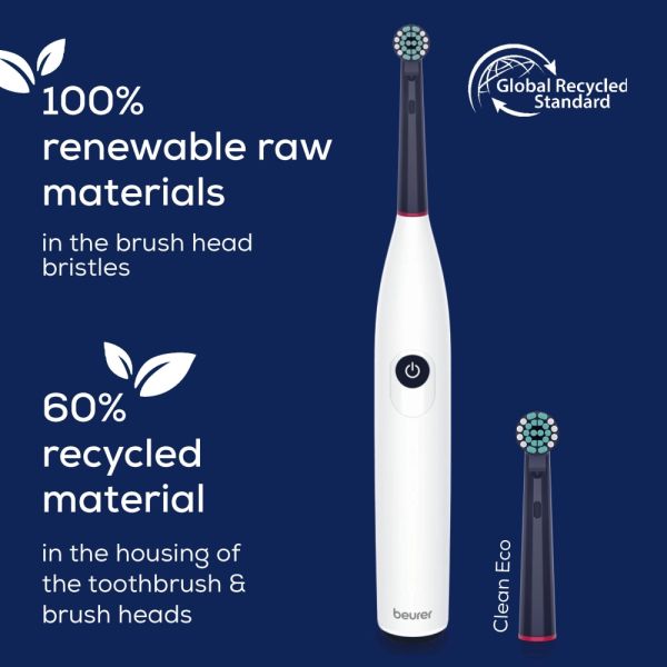 Електрическа четка за зъби Beurer TB 15 Electric toothbrush; 2 cleaning programs; 12days Battery life; 2-min timer; Oscillating, pulsating, brushing technology; Incl. USB-C charging cable and Clean Eco brush head; white