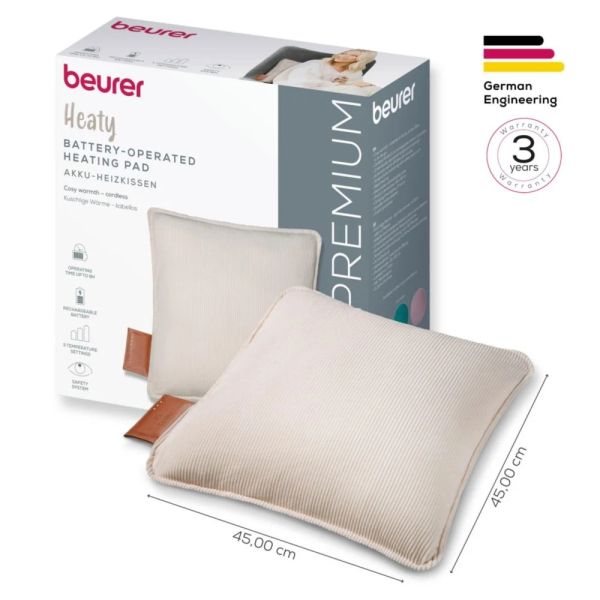 Термоподложка Beurer HK 77 Heaty cashmere-creme; lithium-ion battery; Soft velvet cushion cover machine-washable at 30°C; 3 temperature settings; Fast heating; BSS; 45(L)x45(W) cm