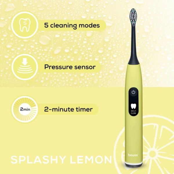 Електрическа четка за зъби Beurer SC 50 splashy lemon Electric Sonic Toothbrush, up to 80,000 mov/min, 5 cleaning programs: Clean, Sensitive, Polish, Gum Care, Whiten, Pressure sensor , 2-min. timer, Incl. 2 toothbrush heads and magnetic charging plate, 2