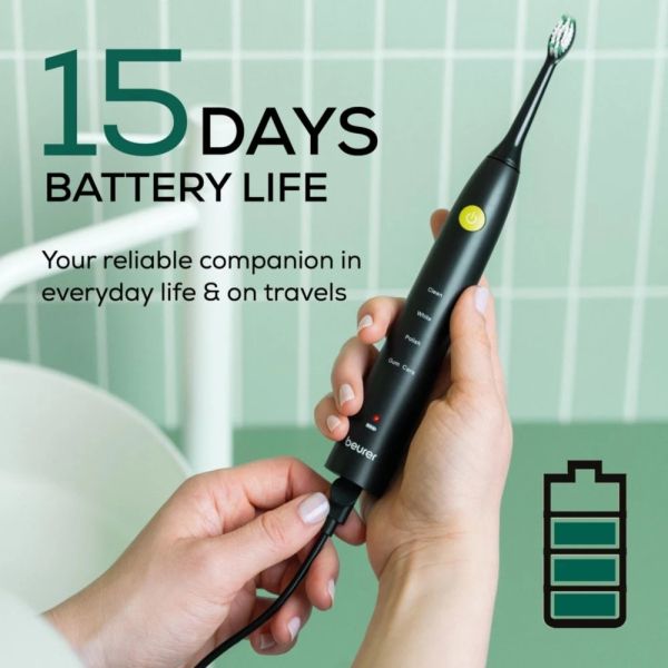 Електрическа четка за зъби Beurer SC 30 Jet Black, Electric Sonic Toothbrush, up to 80,000 mov/min, 4 cleaning programs: Clean, White, Polish, Gum Care, Int. 2-min. timer, Incl. 2 toothbrush heads and USB-C charging cable, 15 days of battery life