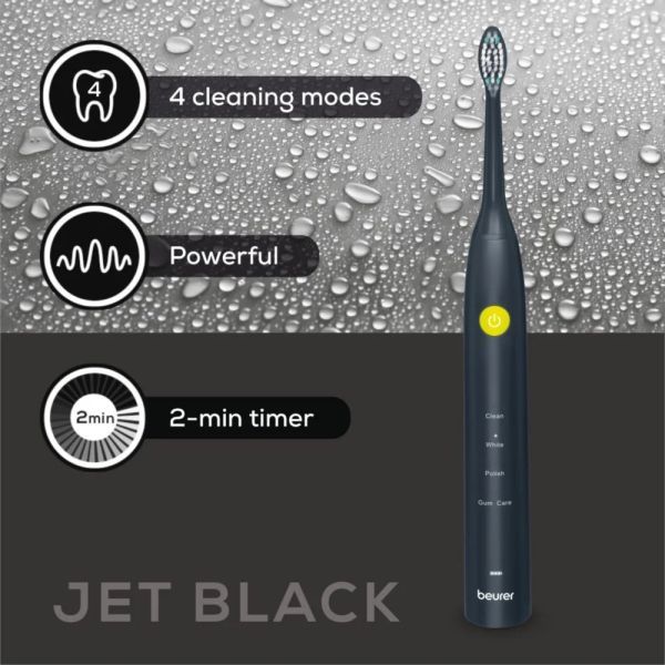 Електрическа четка за зъби Beurer SC 30 Jet Black, Electric Sonic Toothbrush, up to 80,000 mov/min, 4 cleaning programs: Clean, White, Polish, Gum Care, Int. 2-min. timer, Incl. 2 toothbrush heads and USB-C charging cable, 15 days of battery life