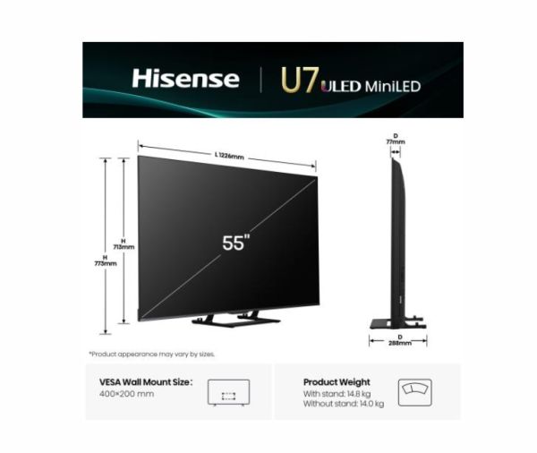 Телевизор Hisense 55" U7Q, 4K Ultra HD 3840x2160, ULED, FALD, Quantum Dot, 144Hz, IPS, HDR 10+, HLG, Dolby Vision IQ, Dolby Atmos, Smart TV, WiFi 5GHz, WiFi Direct, BT, Anyview Cast, 4xHDMI, 2xUSB, LAN, CI+, DVB-T2/C/S2, Black