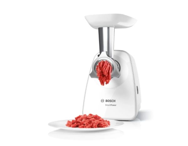 Месомелачка Bosch MFW2515W, Meat mincer, SmartPower Meat mincer from SmartPower range: 1500W, 1,7 kg/min, 2 sieves, 1 sausage horn, fruit press attachment, no reverse, white