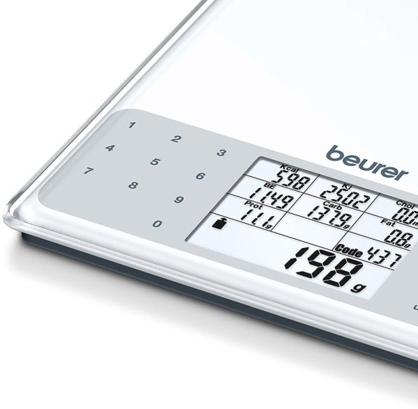Везна Beurer DS 61 nutritional analysis scale; Nutritional and energy values for 950 saved foods (kcal, kJ, fat, bread units, protein, carbohydrates and cholesterol) and space for 50 customisablememory spaces; 5 kg / 1 g