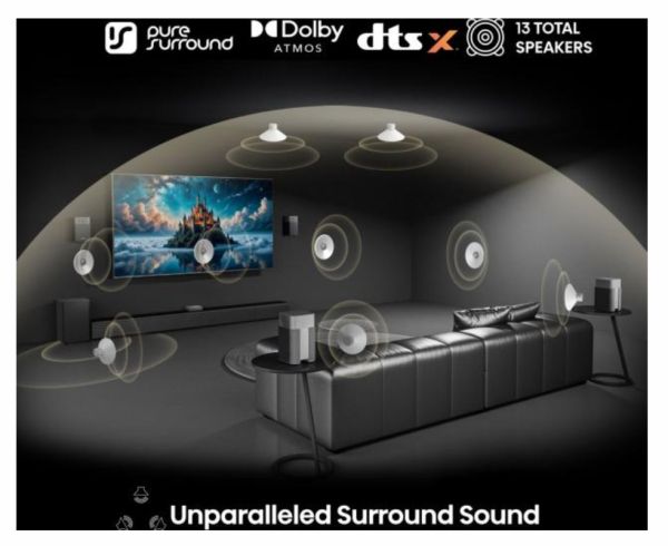 Аудио система Hisense HT Saturn, 4.1.2Ch Sound Bar with Wireless Subwoofer, 720W, Dolby Atmos, Tuned by Devialet , DTS:X,Quad Satellite Speakers , Black