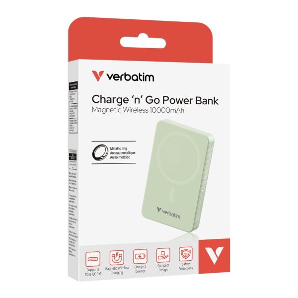 Външна батерия Verbatim Charge 'n' Go Essentials Power Bank Magnetic Wireless 10000mAh Green