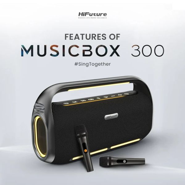 Тонколони HiFuture MusicBox300 Black, 150W Output, Karaoke Enable, Two Wireless Microphone, 18000mAh Battery (Support Power Bank), RGB Lighting, Pair to Play (TWS Mode), Bluetooth 5.3