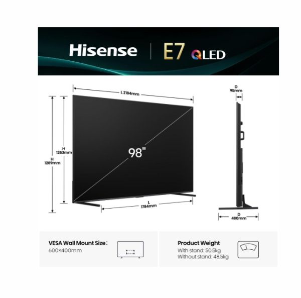 Телевизор Hisense 98" E7Q, 4K Ultra HD 3840x2160, Quantum Dot, 144Hz, Light Sensor,IPS, HDR 10+, HLG, Dolby Vision IQ, Dolby Atmos, Smart TV, WiFi 5GHz, WiFi Direct, BT, Anyview Cast, 4xHDMI, 2xUSB, LAN, CI+, DVB-T2/C/S2, Black