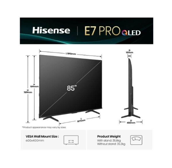 Телевизор Hisense 85" E7Q Pro, 4K Ultra HD 3840x2160, QLED, Quantum Dot, 144Hz, HDR 10+ adaptive, HLG, Dolby Vision, Hi-Concerto,Dolby Vision Atmos, Smart TV, WiFi 5GHz, WiFi Direct,Light Sensor, BT, Anyview Cast, 4xHDMI, 2xUSB, LAN, CI+, DVB-T2/C/S2, Bla