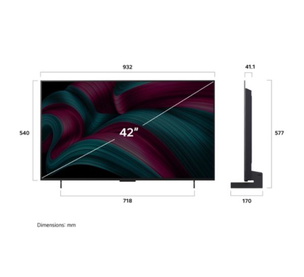 Телевизор LG OLED42C51LA, 42" UHD OLED evo, 4K (3840 x 2160), DVB-C/T2/S2, Full Cinema Screnn, Alpha 9 AI 4K Gen8, 120Hz Native (VRR 144Hz), ThinQ AI, HDR10, VRR, NVIDIA G-SYNC, AMD FreeSync, Dolby Vision, Dolby Atmos, Wi-Fi 6, Bluetooth, HDMI, USB, Airpl