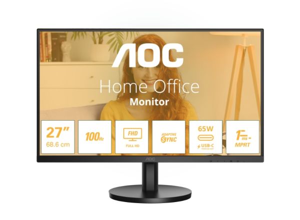 Монитор AOC 27B3CA2, 27" IPS WLED, 1920x1080@100Hz, 4ms GtG, 1ms MPRT, 250cd m/2, 1300:1, 20M:1, Adaptive Sync, FlickerFree, Low Blue Light, 2Wx2, Tilt, HDMI, USB hub