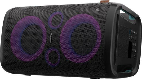 Аудио система Hisense Party Rocker One Plus (HP110) Bluetooth Speaker with 300W Power, Built-in Woofer, Karaoke Mode, Built-in Wireless Charging Pad, AUX Input and Output, USB, 15 Hour Long-Lasting Battery 4 x 2500Ah, 2x mics included, Black