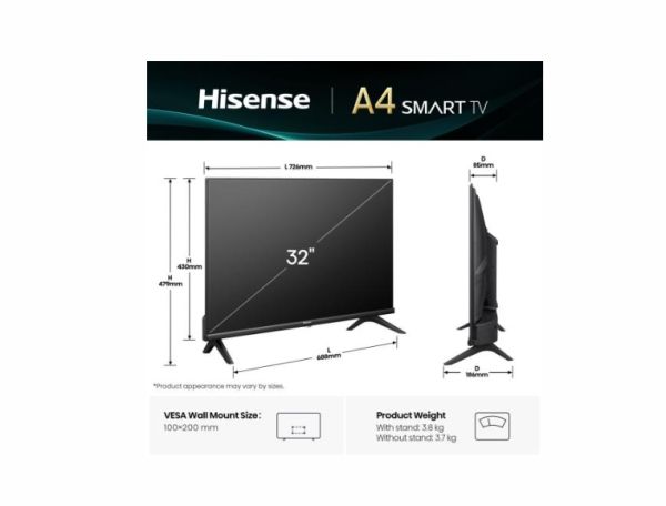 Телевизор Hisense 32" A4Q, HD 1366x768,3000:1, DLED, HLG, DTS Virtual X, Smart TV, WiFi, WiFi Direct, BT, VIDAA U7,Anyview Cast, 2xHDMI, 2xUSB, LAN, CI+, DVB-T2/C/S2, Black