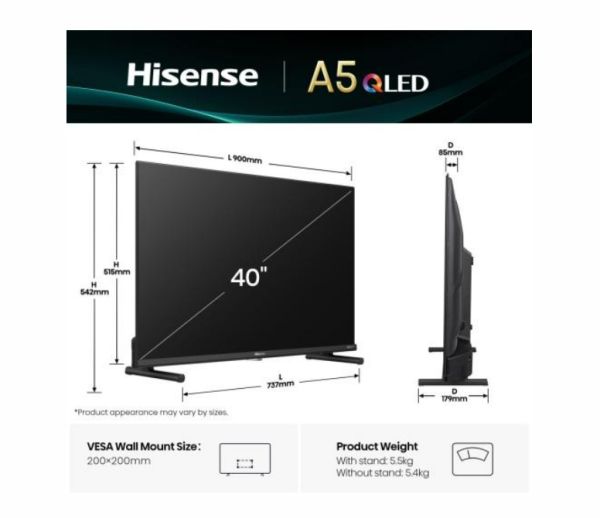 Телевизор Hisense 40" A5Q, Full HD 1920x1080, QLED, Quantum Dot, HDR, HLG, DTS HD, Light Sensor, Dolby Audio, Smart TV, WiFi, WiFi Direct, 2xHDMI, 2xUSB, LAN, CI+, DVB-T2/C/S2, Black