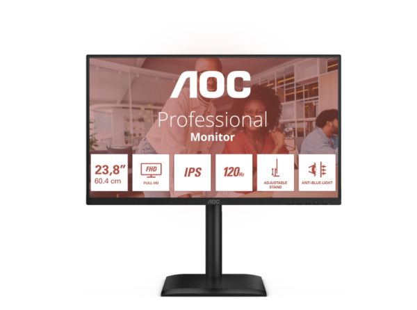 Монитор AOC 24E4U, 23.8" IPS WLED, 1920x1080@120Hz, 4ms GtG, 300cd m/2, 1500:1, 20M:1 DCR, Adaptive Sync, FlickerFree, Anti Blue Light, 2Wx2, Tilt, Height Adjust, Pivot, Swivel, D-SUB, HDMI, DP, USB Hub
