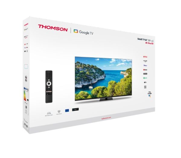 Телевизор Thomson Smart UHD TV 55"; Google TV; 3840 x 2160 (4K UHD), 4000:1, DLED, 60 Hz, DVB-T/T2/C/S/S2, HDR10, Wi-Fi, Bluetooth, LAN, HDMI 2 (2.0) + 2 (2.1), USB 2 (2.0) + 1 (3.0),Central Swivel Stand, Black