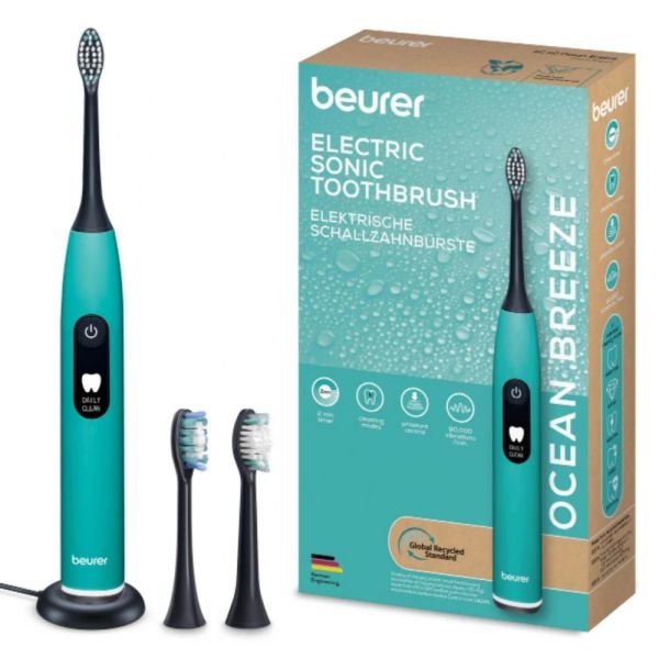 Електрическа четка за зъби Beurer SC 50 ocean breeze Electric Sonic Toothbrush, up to 80,000 mov/min, 5 cleaning programs: Clean, Sensitive, Polish, Gum Care, Whiten, Pressure sensor , 2-min. timer, Incl. 2 toothbrush heads and magnetic charging plate, 22