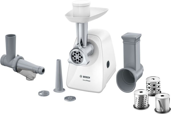 Месомелачка Bosch MFW2517W, Meat mincer, SmartPower Meat mincer from SmartPower range: 1500W, 1,7 kg/min, 2 sieves, 1 sausage horn, fruit press attachment, shredder with 3 barrels, no reverse, white