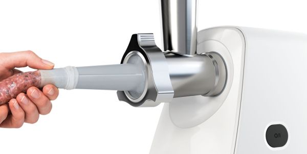 Месомелачка Bosch MFW2517W, Meat mincer, SmartPower Meat mincer from SmartPower range: 1500W, 1,7 kg/min, 2 sieves, 1 sausage horn, fruit press attachment, shredder with 3 barrels, no reverse, white