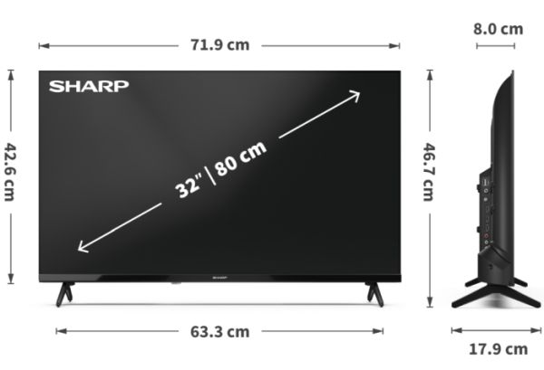Телевизор Sharp 32HA1205E, 32" LED HD 1366x768 HD Frameless, 100 000:1, DVB-T/T2/C/S/S2, Active Motion 100, Speaker 2x8W, Dolby Digital, CI+, 3xHDMI (ARC/CEC), 2xUSB, LAN, Video/Audio input (3 x RCA), Hotel Mode, E, 2 pole Stand
