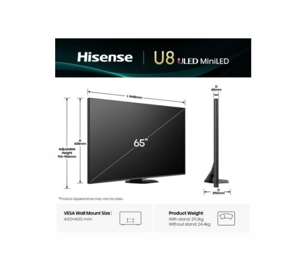 Телевизор Hisense 65" U8Q, 4K Ultra HD 3840x2160, Mini Led Pro, FALD, Quantum Dot, 165Hz, IPS, HDR 10+, HLG, Dolby Vision IQ, Dolby Atmos, Smart TV,Light Sensor,WiFi 5GHz, WiFi Direct, BT, Anyview Cast, 3xHDMI, 2xUSB, LAN, CI+, DVB-T2/C/S2, Black