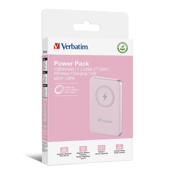 Външна батерия Verbatim MCP-10PK Power Pack 10000 mAh with UBS-C PD 20W / Magnetic Wireless Charging 15W Pink