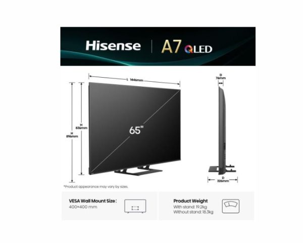 Телевизор Hisense 65" A7Q, 4K Ultra HD 3840x2160, QLED, HDR 10+, HLG, Dolby Vision, Dolby Atmos, Smart TV, Light Sensor, WiFi Direct, BT, Anyview Cast, 3xHDMI, 2xUSB, LAN, CI+, DVB-T2/C/S2, Black