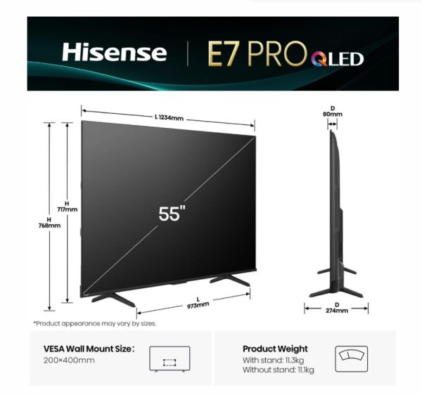 Телевизор Hisense 55" E7Q Pro, 4K Ultra HD 3840x2160, QLED, Quantum Dot, 144Hz, HDR 10+ adaptive, HLG, Dolby Vision, DTS Virtual X, Smart TV, WiFi 5GHz, WiFi Direct, BT, Anyview Cast, 3xHDMI, 2xUSB, LAN, CI+, DVB-T2/C/S2, Black