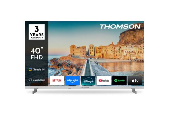 Телевизор Thomson 40" FHD Google TV; 1920 x 1080 (FHD), DLED, 60 Hz, HDR10, Dolby Audio, Google Cast, DVB-T/T2/C/S/S2, Wi-Fi, Bluetooth, LAN, HDMI 3 (1.4), USB 2 (2.0), Hotel mode, Side Feet, White