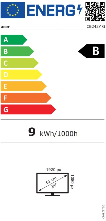 Монитор Acer Vero CB242YGbmiprx, 23.8" FHD(1920x1080)IPS, ZeroFrame 120Hz Adaptive Sync, 1ms(VRB), 100M:1, 250nits, VGA, HDMI, DP, Speakers, Audio In/Out, Ergostand, EnergyStar, EPEAT Gold, Energy Efficiency Class B, Black, 3Y