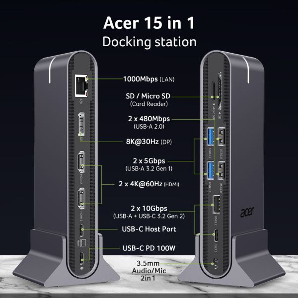 Докинг станция Acer Type C Universal docking station 15in1, 2 x HDMI 4K@60Hz, 1 x DP 8k@30Hz, 5 x USB A, 1 x USB C, 1 x RJ45, 1x SD /Micro SD, 1 x TF, 1 x Audio  3.5mm jack, Windows, ChromeOS, macOS, Gray