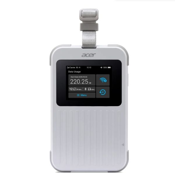 Аксесоар Acer Wi-Fi 5G Mobile Hotspot with Nano SIM (4FF), eSIM with up to 10 profiles, up to 20 connected devices using 6GHz, battery  8000mAh up to 28 hours high definition video streaming, 2.4'' Touchscreen with NFC, IP68 and MIL-STD-810