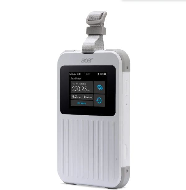 Аксесоар Acer Wi-Fi 5G Mobile Hotspot with Nano SIM (4FF), eSIM with up to 10 profiles, up to 20 connected devices using 6GHz, battery  8000mAh up to 28 hours high definition video streaming, 2.4'' Touchscreen with NFC, IP68 and MIL-STD-810