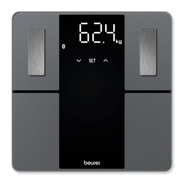Везна Beurer BF 500 BT diagnostic bathroom scale in black, titanium-coated stainless steel electrodes, extra-large magic display 40mm, Weight, body fat, body water, muscle percentage, bone mass, AMR/BMR calorie display; BMI calculation; Bluetooth; 180 kg 