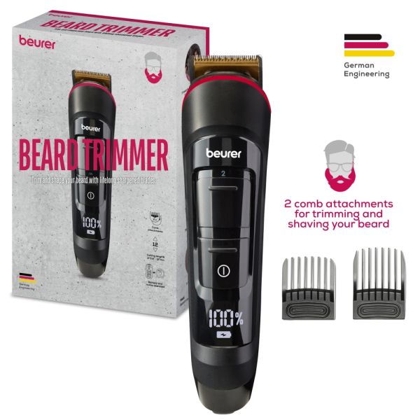 Машинка за подстригване Beurer MN4X beard styler, 2 Attachments, slim titanium contour blade, Battery and mains operation, LED display, 10 cutting lengths, 2 comb attachments with length adjustment: 3-7 and 8-12 mm,Water-resistant