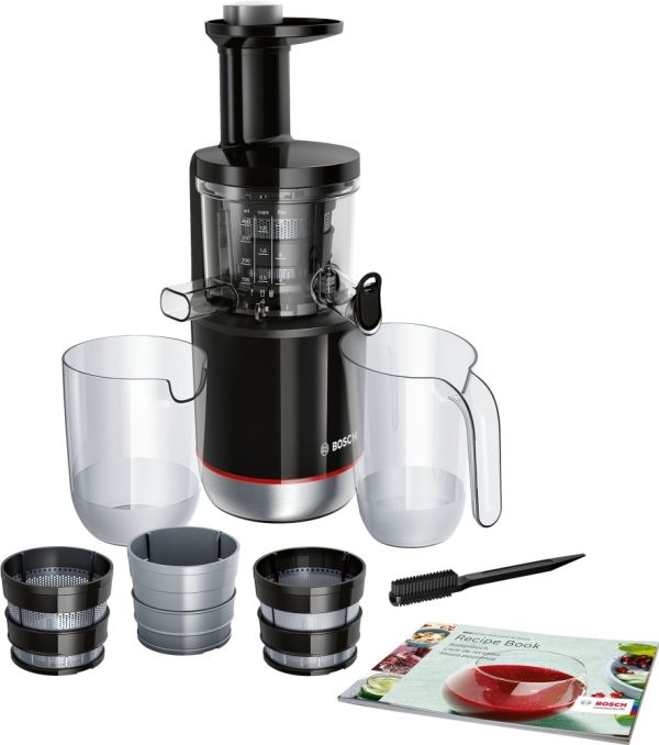 Сокоизстисквачка Bosch MESM731M, Slow juicer VitaExtract 150 W, 55 rpm, 1 speed + reverse function, tritan screw, MixControl lever, juice container 1 l, pulp container 1,3l, 3 filters (fine, coarse and sorbet), black / brushed s/s