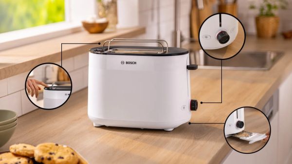 Тостер Bosch TAT2M121, MyMoment Compact toaster, 950 W, Auto power off, Defrost and reheat setting, Integrated warming grid, High lift, White