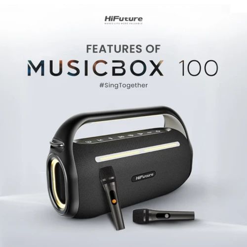 Тонколони HiFuture MusicBox100 Black, 20W Output, Karaoke Enable, Two Wireless Microphone, 4000mAh Battery (Support Power Bank), RGB Lighting, Pair to Play (TWS Mode), Bluetooth 5.3