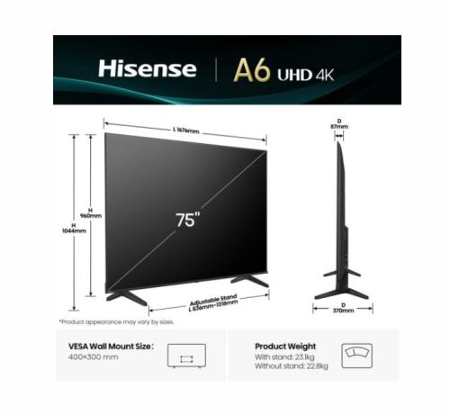 Телевизор Hisense 75" A6Q, 4K Ultra HD 3840x2160, DLED, DFA, Precision Colour, HDR 10+, HLG, Dolby Vision,Light sensor, Smart TV, WiFi, BT, AnyView Cast, Gaming Mode, 1xHDMI2 eArc, 3xHDMI, 2xUSB, LAN, CI+, DVB-T2/C/S2, Black