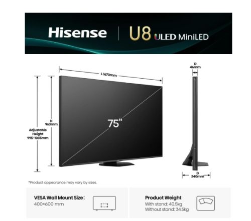 Телевизор Hisense 75" U8Q, 4K Ultra HD 3840x2160, Mini Led Pro, FALD, Quantum Dot, 165Hz, IPS, HDR 10+, HLG, Dolby Vision IQ, Dolby Atmos, Smart TV,Light Sensor,WiFi 5GHz, WiFi Direct, BT, Anyview Cast, 3xHDMI, 2xUSB, LAN, CI+, DVB-T2/C/S2, Black