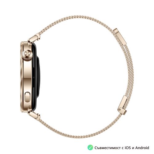 Часовник Huawei Watch GT5 Jana-B19M, 1.32", Amoled 466x466 PPI 352, , BT5.2 BLE/BR/EDR, 5ATM, 524mAh, Screenshot sharing, support message input, message notifications, Battery life up to 7 days, Compatible with iOS and Android devices, Gold Milanese