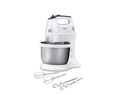 Миксер Tefal HT312138, Quick mix Hand Mixer with bowl, 300 W, 5 Speeds + turbo, 2 Beaters, 2 Dough hooks, automatic rotating bowl, white & inox standbowl