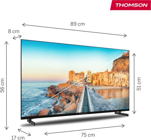 Телевизор Thomson 40" FHD Google TV; 1920 x 1080 (FHD), DLED, 60 Hz, HDR10, Dolby Audio, Google Cast, DVB-T/T2/C/S/S2, Wi-Fi, Bluetooth, LAN, HDMI 3 (1.4), USB 2 (2.0), Hotel mode, Side Feet, Black