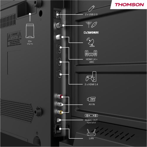 Телевизор Thomson 40" FHD Google TV; 1920 x 1080 (FHD), DLED, 60 Hz, HDR10, Dolby Audio, Google Cast, DVB-T/T2/C/S/S2, Wi-Fi, Bluetooth, LAN, HDMI 3 (1.4), USB 2 (2.0), Hotel mode, Side Feet, Black