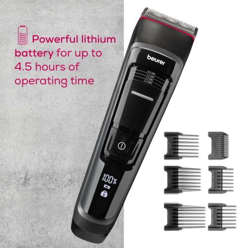 Машинка за подстригване Beurer MN5X hair clipper, 7 Attachments, 6 adjustable cutting lengths and 4-stage fine adjustment, LED display with battery display, Battery and mains operation, travel lock display and charge display, storage bag