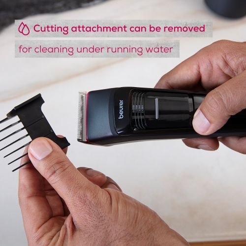 Машинка за подстригване Beurer MN5X hair clipper, 7 Attachments, 6 adjustable cutting lengths and 4-stage fine adjustment, LED display with battery display, Battery and mains operation, travel lock display and charge display, storage bag