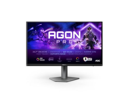 Монитор AOC AG276QZD2, 26.7" QD-OLED, 2560x1440@240Hz, 0.03GtG, 1000cd m/2, 1.5M:1, 80M:1 DCR, Adaptive Sync, FlickerFree, Low Blue Light, 5Wx2, Tilt, Height Adjust, Pivot, Swivel, 2xHDMI, 2xDP, USB hub