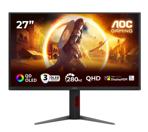 Монитор AOC Q27G4ZD, 27" QD-OLED, 2560x1440@280Hz, 0.03ms GtG, 1.5M:1, 1000cd m/2, Adaptive Sync, FlickerFree, Anti Blue Light, Tilt, Height Adjust, Pivot, Swivel, 2xHDMI, DP, USB hub
