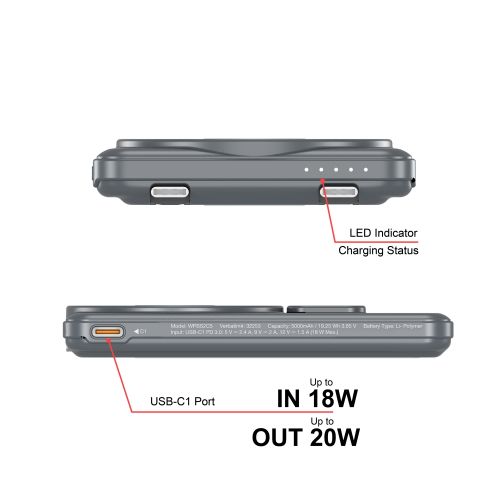 Външна батерия Verbatim Charge 'n' Go 2C Power Bank Magnetic Wireless 5000mAh with 2 USB-C Cables & Stand Grey